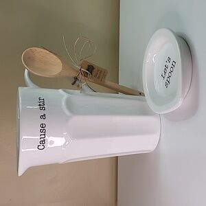 Mud Pie "Cause a stir" Circa White Pitcher with Wooden Spoon & Spoon Rest Lid